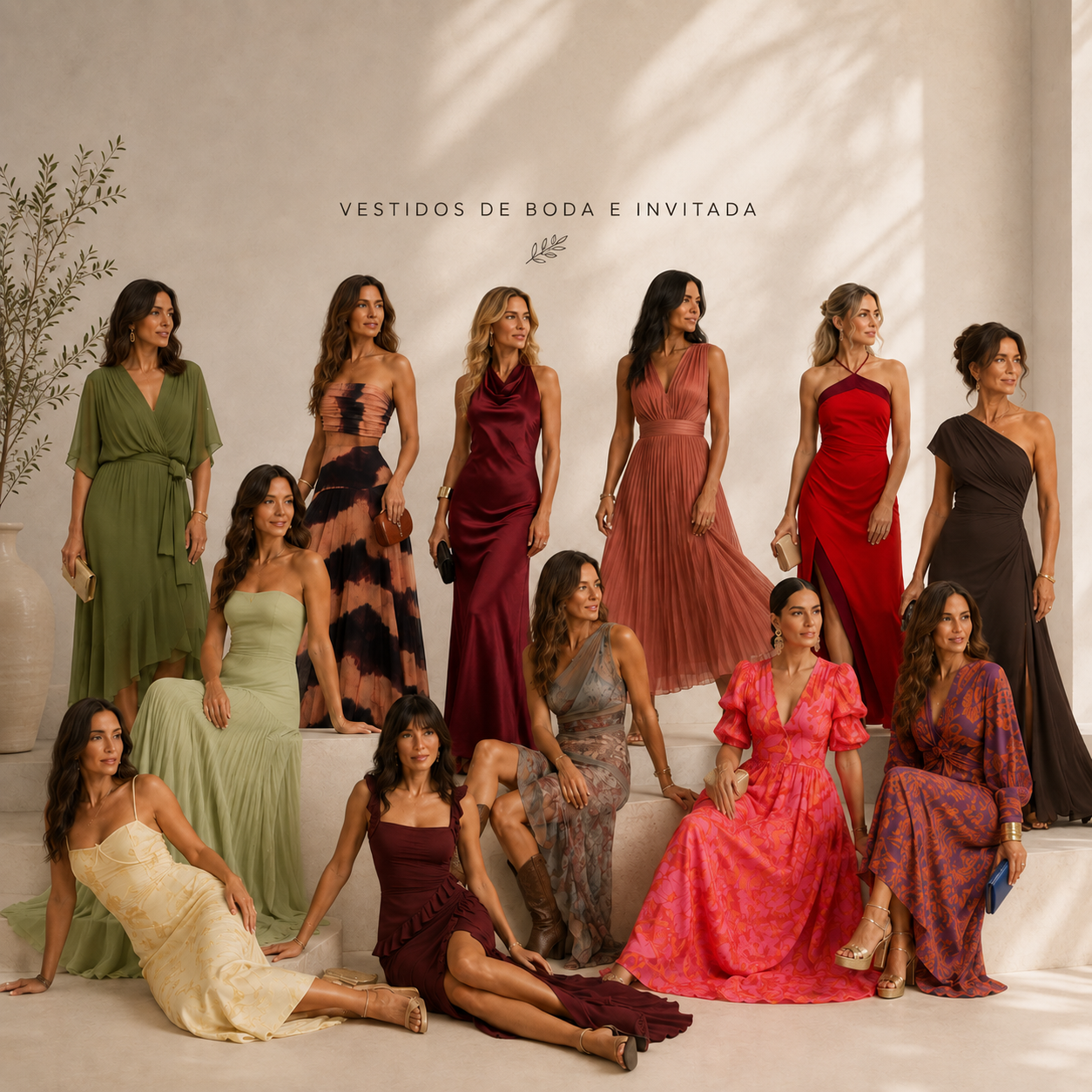 Vestidos de boda e invitada: doce mujeres con vestidos largos de distintos colores