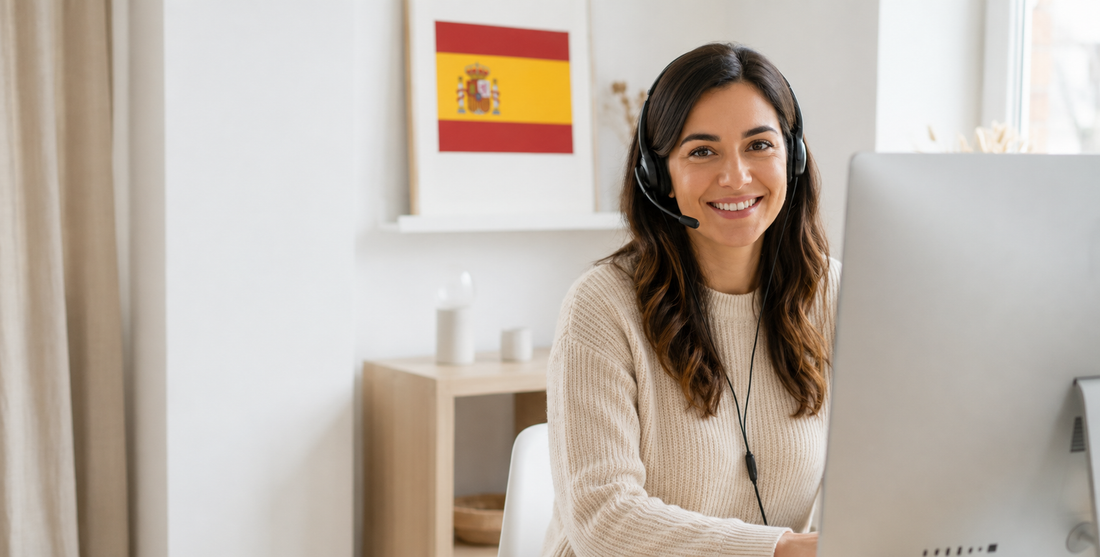 Agente de atención al cliente de Omelva con auriculares, sonriendo delante de un ordenador