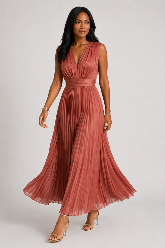 Vestido midi plisado con escote en V