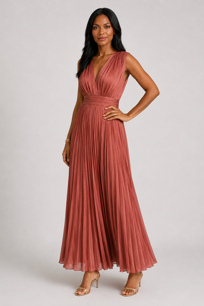 Vestido midi plisado con escote en V