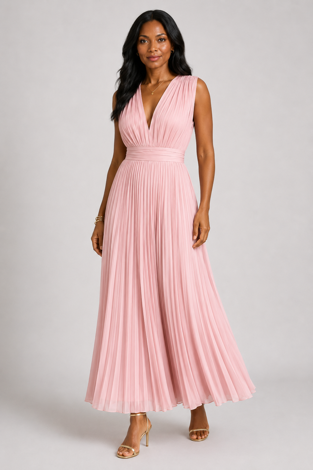 Vestido midi plisado con escote en V