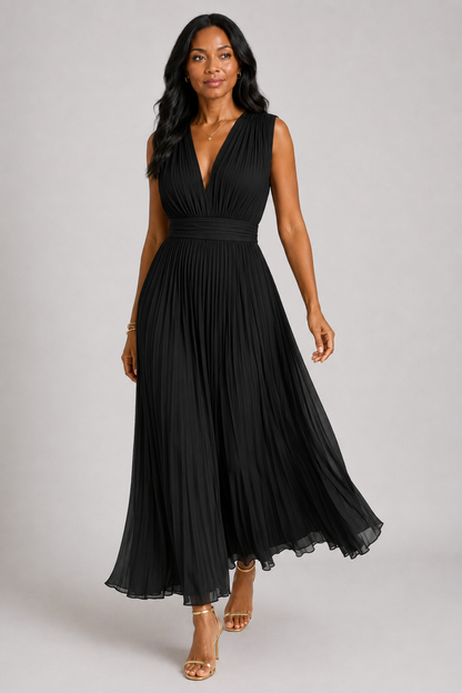 Vestido midi plisado con escote en V