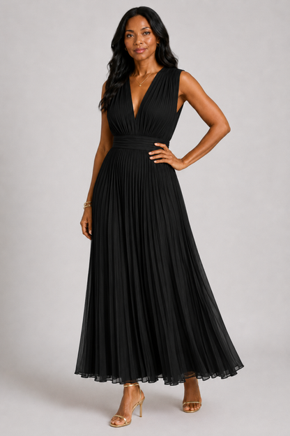 Vestido midi plisado con escote en V