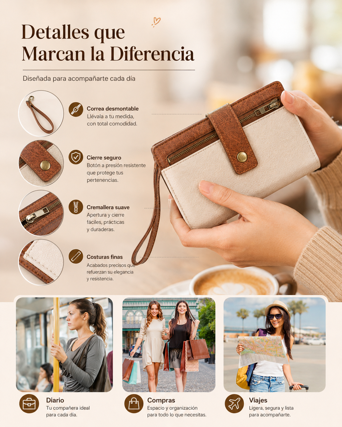 Cartera de mujer de piel con protección RFID