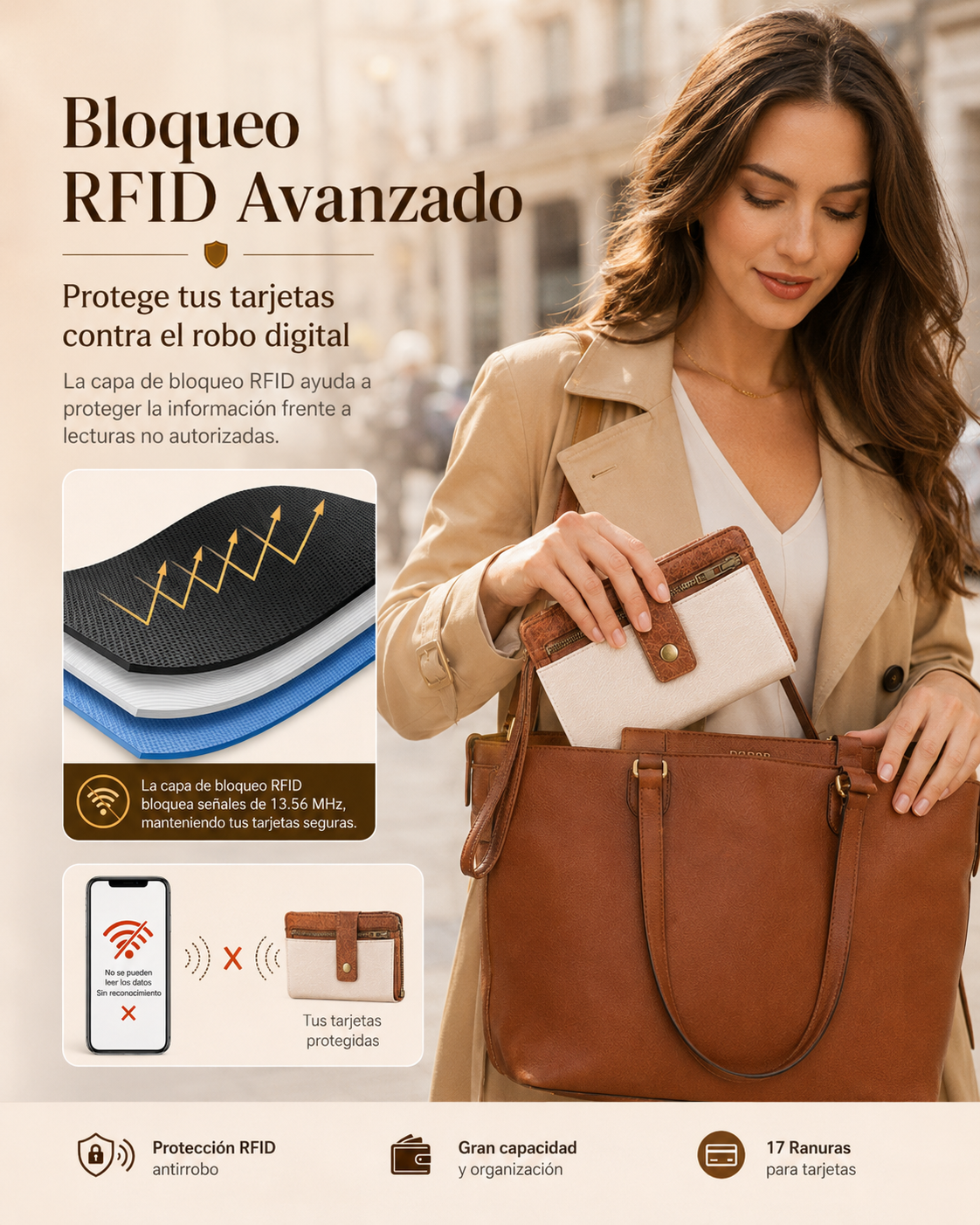 Cartera de mujer de piel con protección RFID