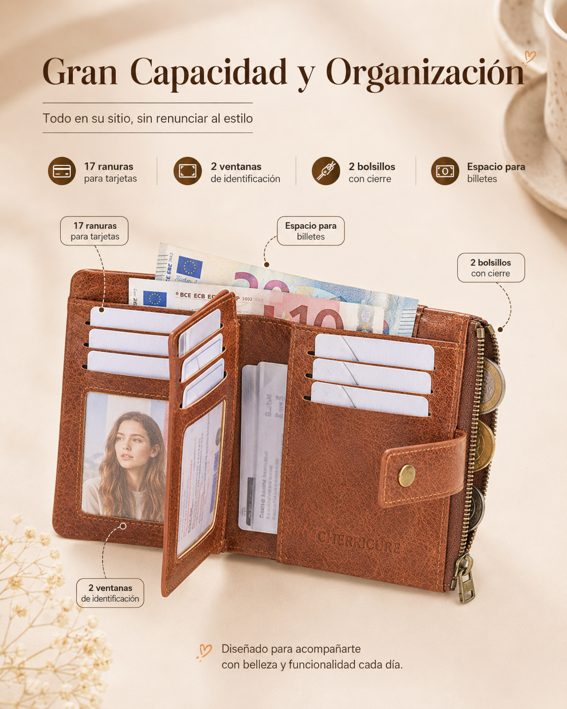 Cartera de mujer de piel con protección RFID