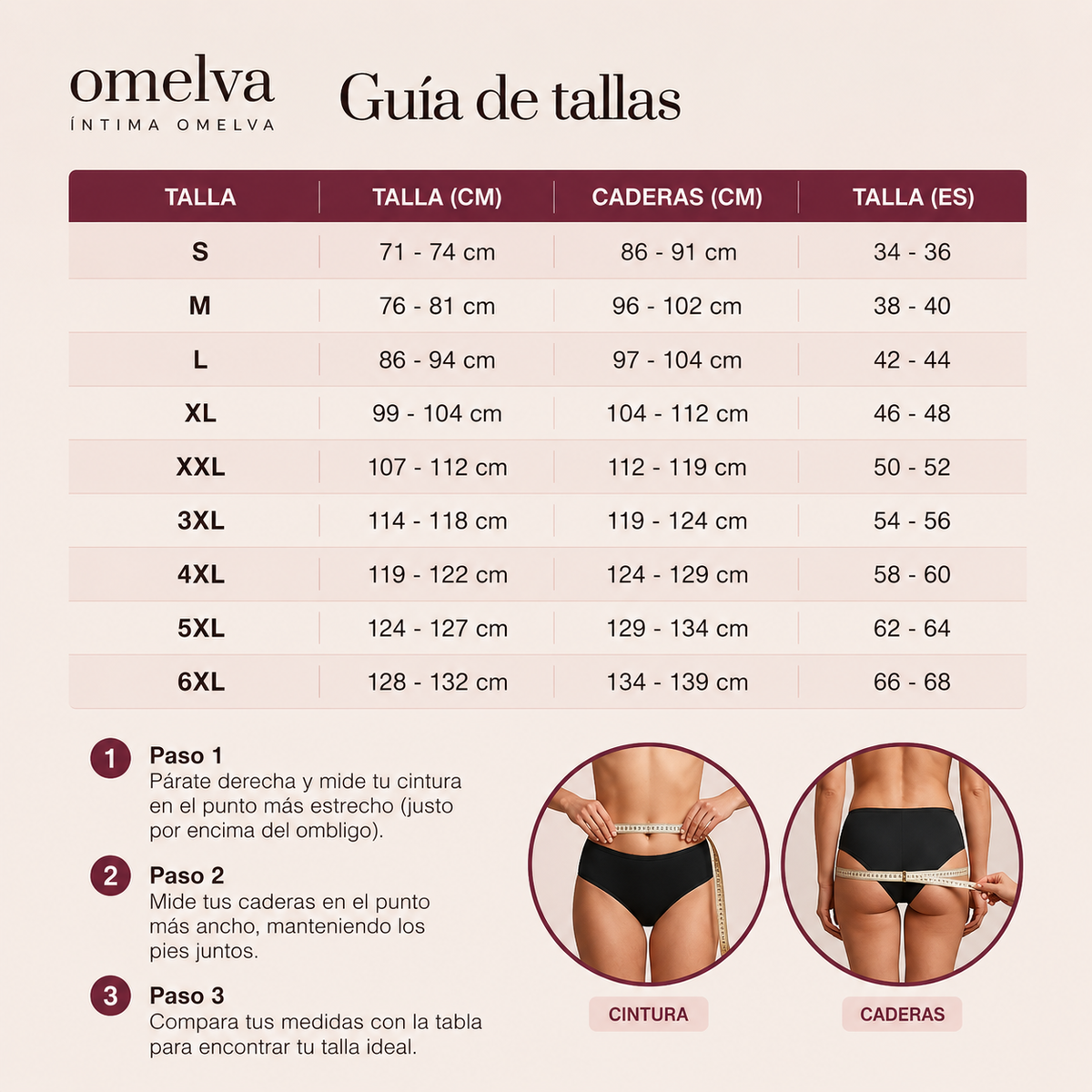 Guía de tallas Omelva: de la S a la 6XL con medidas de cintura y caderas en centímetros
