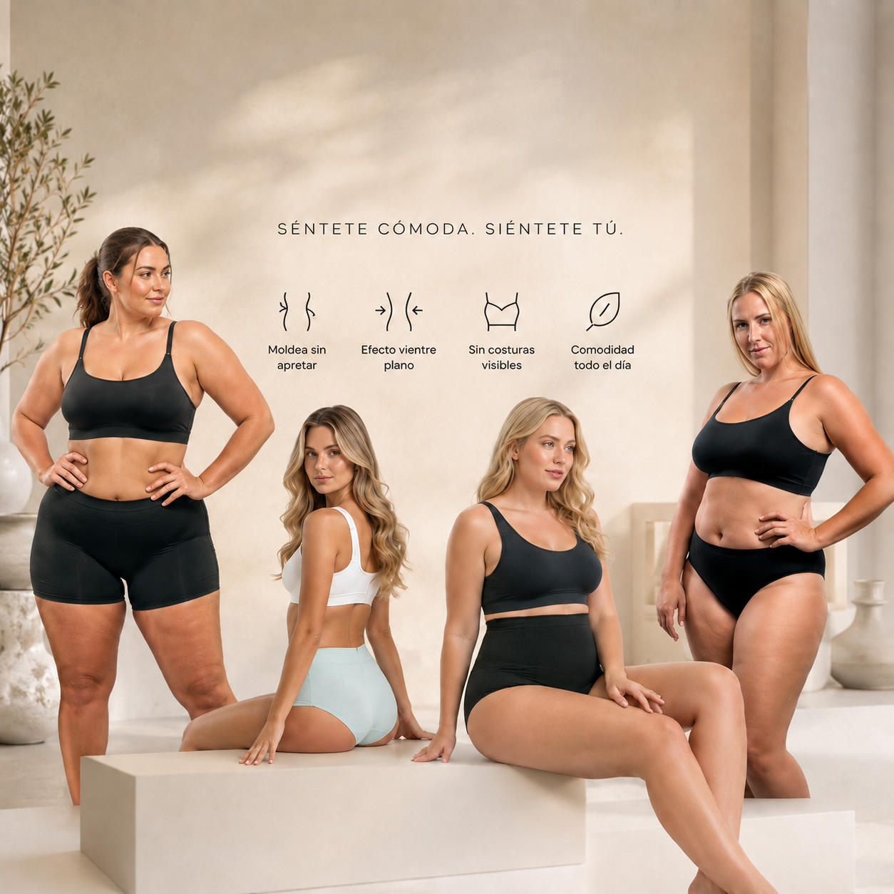 Cuatro mujeres de distintas tallas en ropa interior sin costuras. Siéntete cómoda, siéntete tú