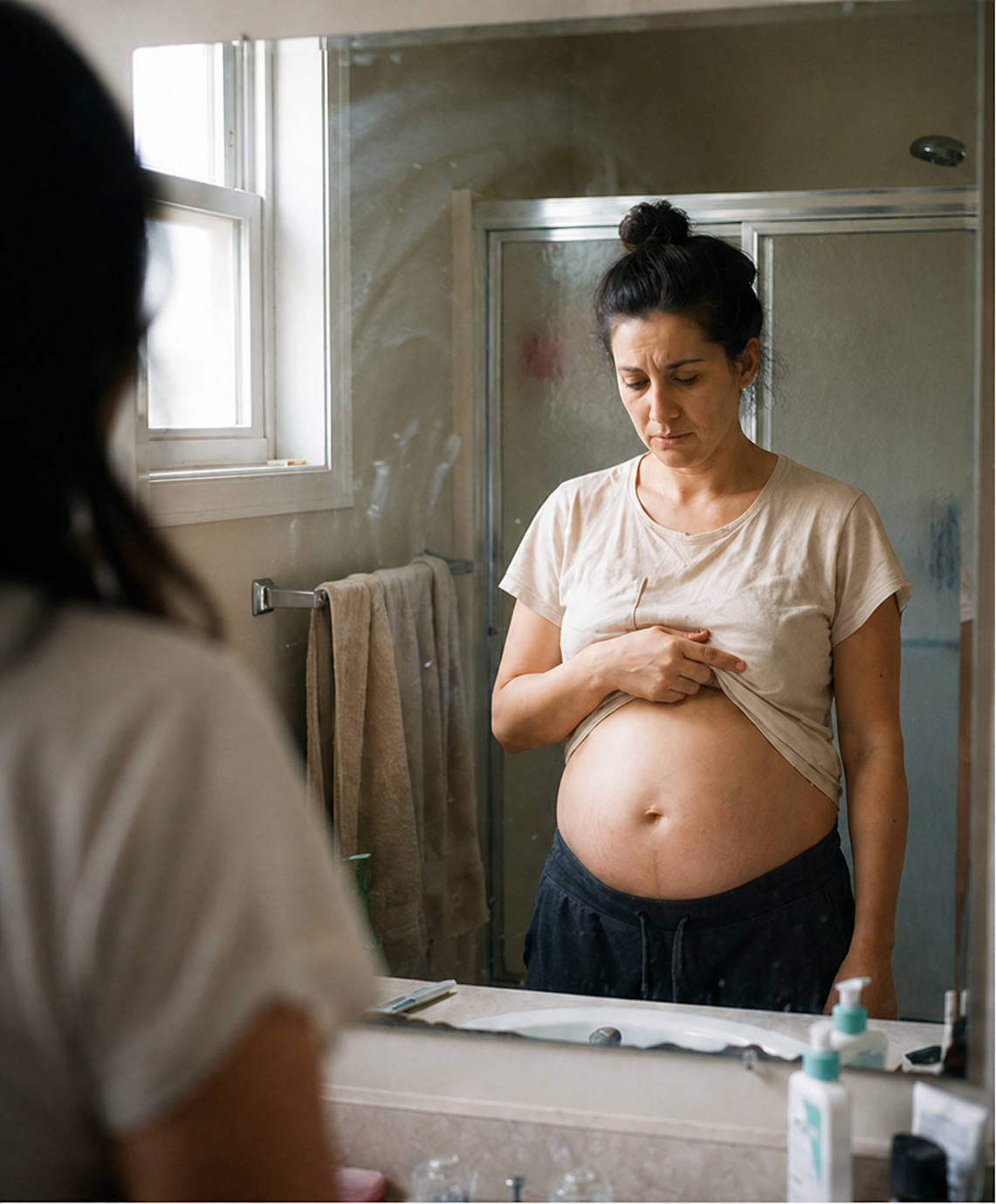 Mujer frente al espejo del baño mirándose el abdomen