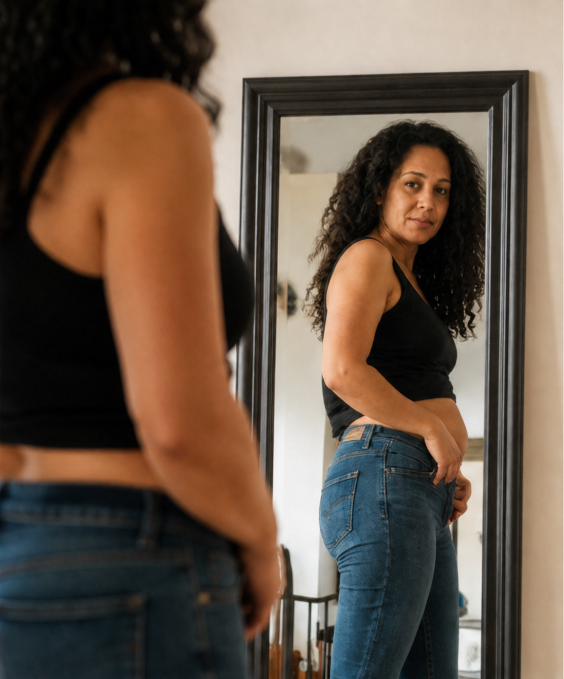 Mujer de perfil frente al espejo con vaqueros de cintura alta