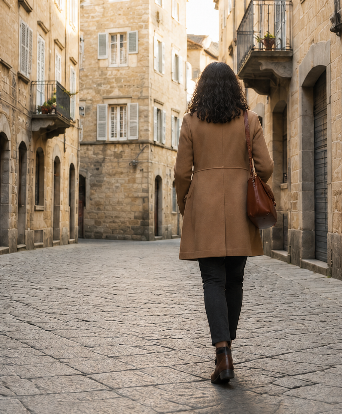 Mujer caminando de espaldas por una calle empedrada